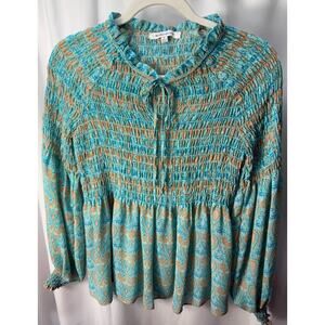 Rose+Olive Smocked Peplum Blouse Women Small Teal Paisley Boho